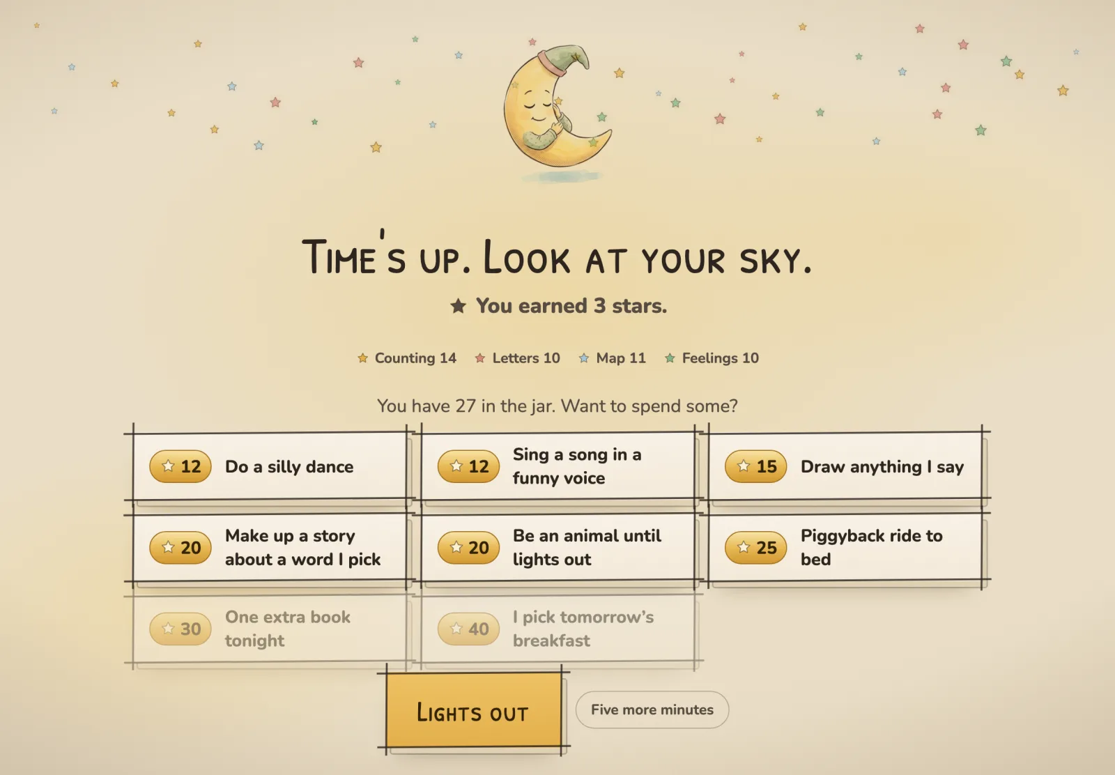 The wind-down screen: a sleepy moon, a night sky of stars in four colors, and the Star Jar of dares.