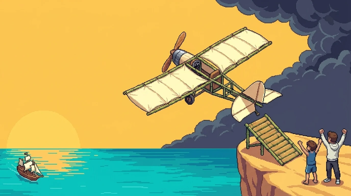 A homemade plane leaves the cliff ramp toward a ship while two castaways cheer