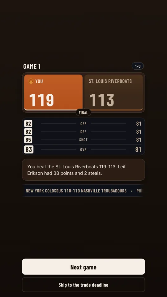 A game 1 result in the game: You 119, St. Louis Riverboats 113, with the line “You beat the St. Louis Riverboats 119-113. Leif Erikson had 38 points and 2 steals.”