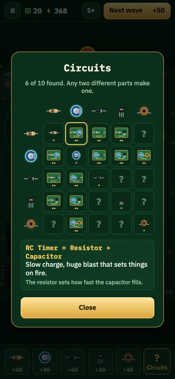 The Circuits book: six of ten found, with RC Timer selected and its description underneath