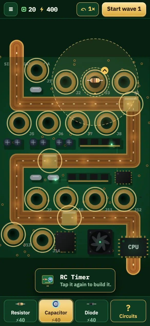 Holding a Capacitor over a Resistor tower, with a card that says RC Timer, tap it again to build it