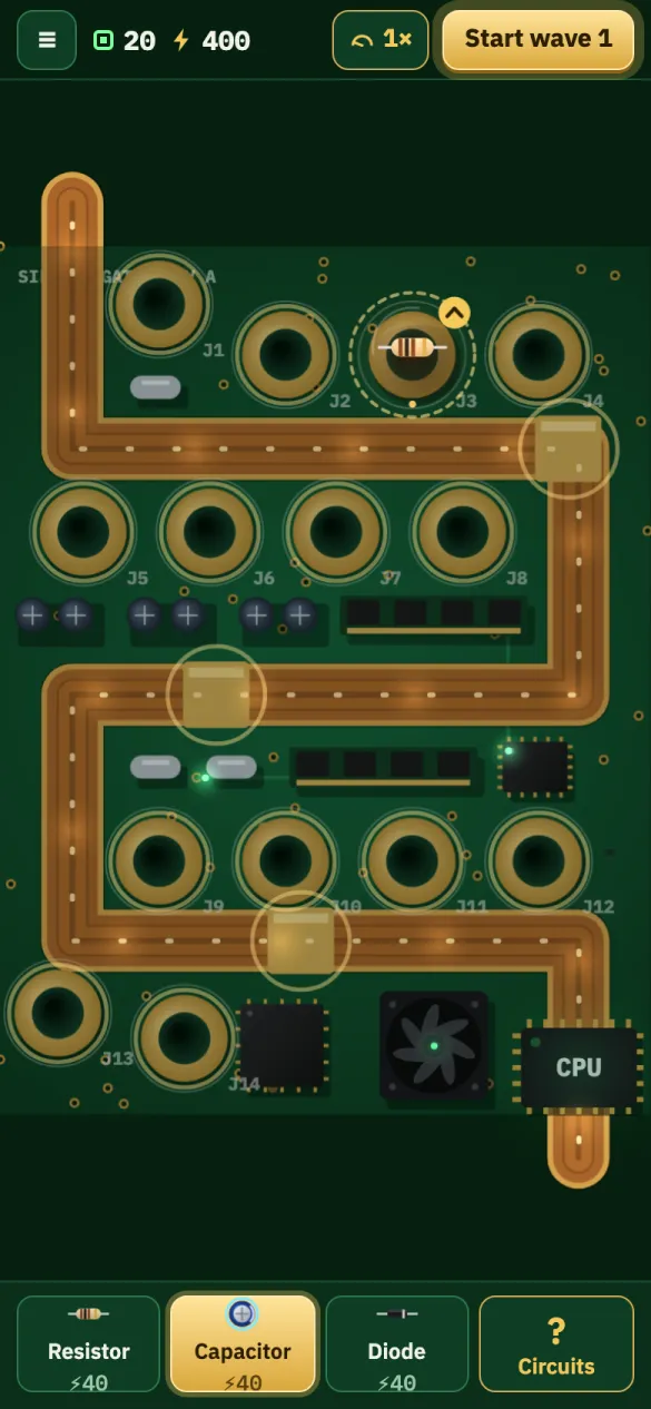 Silicon Gate on a phone: the Capacitor button is picked up and the empty gold pads on the board pulse